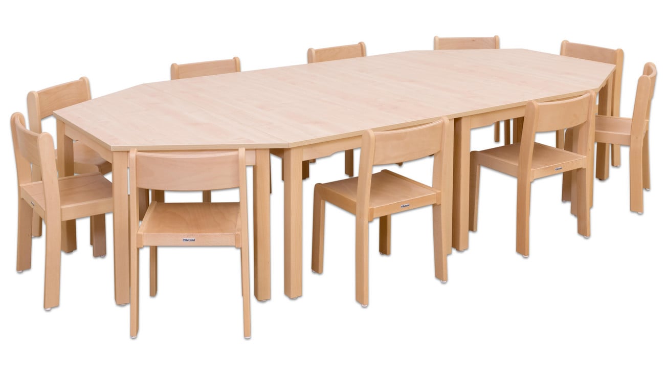 Betzold Möbel-Set Kusuma, 14-teilig, Tischplatte: Buche hell, Stuhlfarbe: Buche dunkel/gelb, Montageart: fertig montiert, Höhe: Tischhöhe 46 cm - Sitz