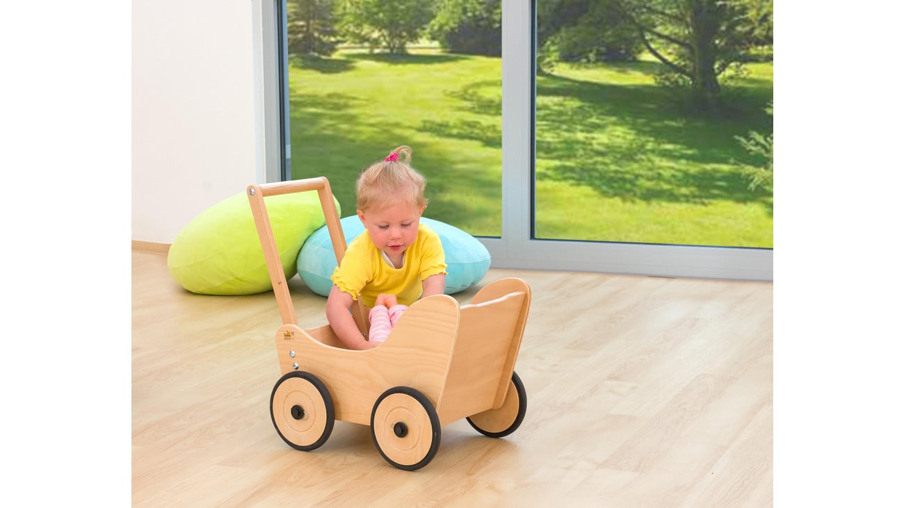 Pinolino Puppenwagen inkl. Bettwäsche, Holzdekor: Buche