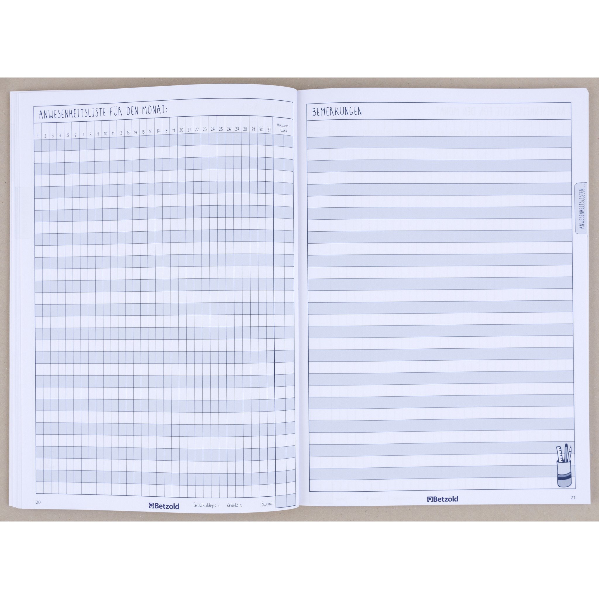 Hortbuch Gruppenbuch - Anwesenheitsheft Für 30 Schüler Mit Namensleiste
