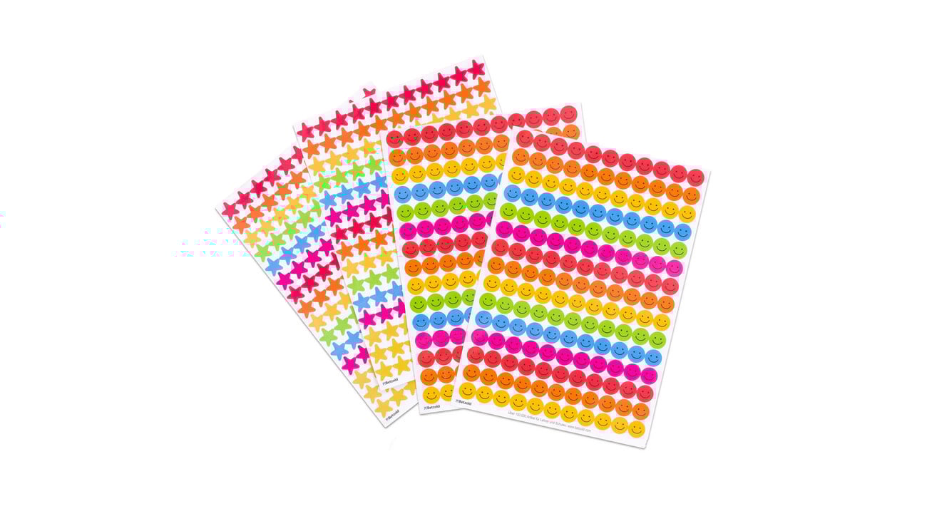 Betzold Belohnungssticker, Design: bunte Sterne/Gesichter, Setgröße: 8 Bogen