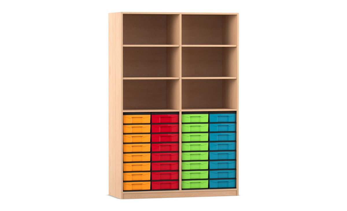 Flexeo® Regal, 4 Reihen, 32 kleine Boxen, 6 Fächer oben
