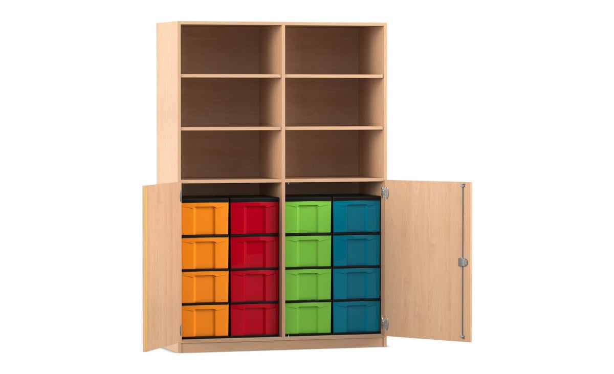 Flexeo® Schrank, 16 große Boxen, 6 Fächer, Mittelwand, 2 Halbtüren