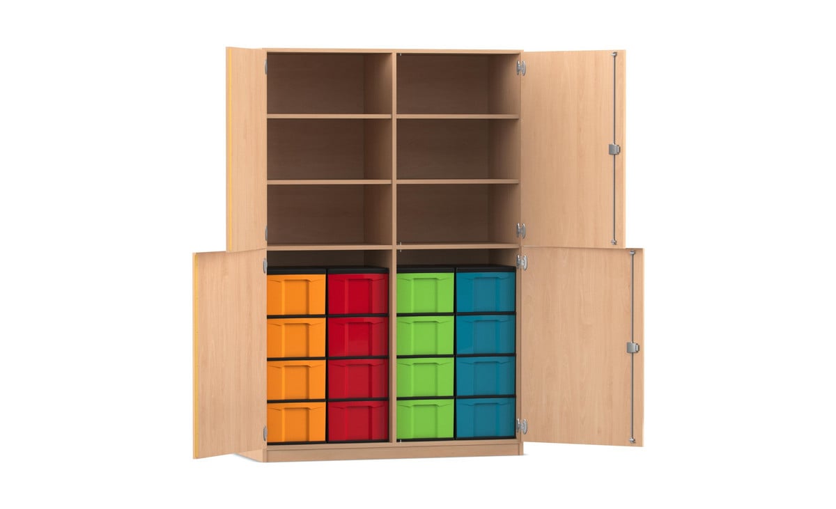 Flexeo® Schrank, 16 große Boxen, 6 Fächer, Mittelwand, 4 Halbtüren