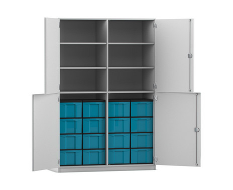 Flexeo® Schrank, 16 große Boxen, 6 Fächer, Mittelwand, 4 Halbtüren