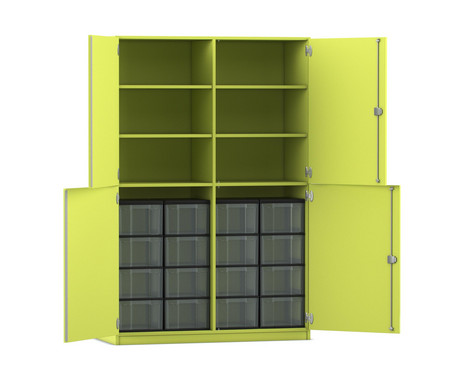 Flexeo® Schrank, 16 große Boxen, 6 Fächer, Mittelwand, 4 Halbtüren
