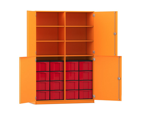 Flexeo® Schrank, 16 große Boxen, 6 Fächer, Mittelwand, 4 Halbtüren