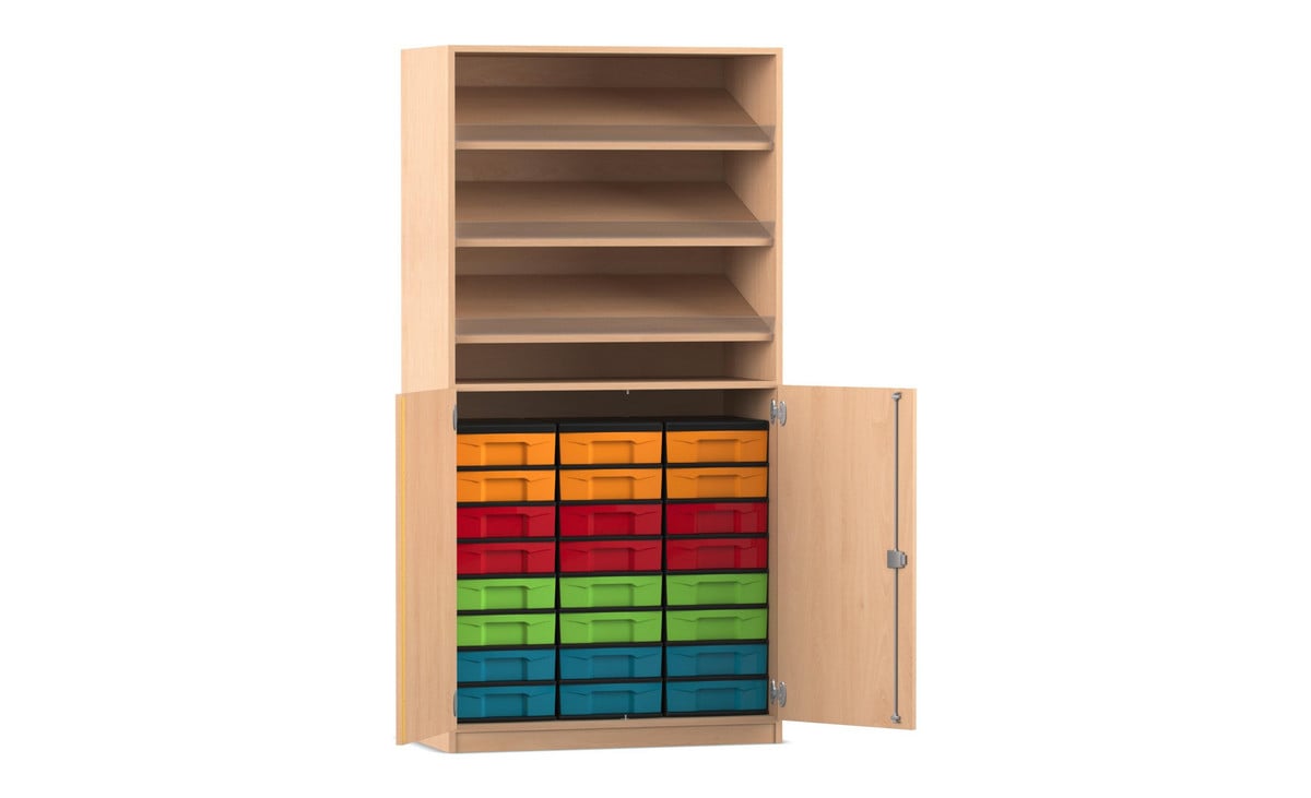 Flexeo® Schrank, 3 Schrägablagen, 24 kleine Boxen, 2 Halbtüren