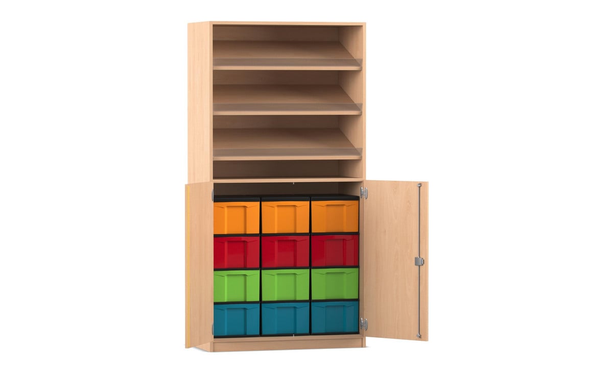 Flexeo® Schrank, 3 Schrägablagen, 12 große Boxen, 2 Halbtüren