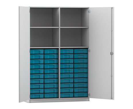 Flexeo® Schrank, 40 kleine Boxen, 4 Fächer, Mittelwand, 2 Türen