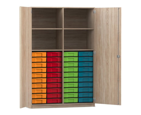 Flexeo® Schrank, 40 kleine Boxen, 4 Fächer, Mittelwand, 2 Türen