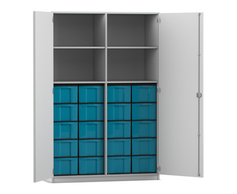 Flexeo® Schrank, 20 große Boxen, 4 Fächer, Mittelwand, 2 Türen
