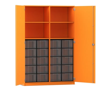 Flexeo® Schrank, 20 große Boxen, 4 Fächer, Mittelwand, 2 Türen