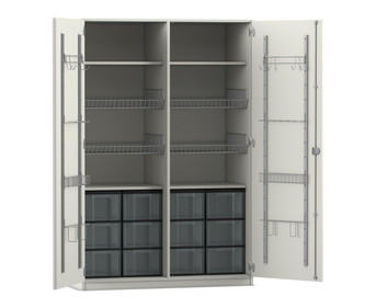 Flexeo® Sportschrank Gerätehaken 4 Gitterkörbe 12 große Boxen