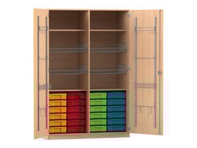 Flexeo® Sportschrank, Gerätehaken, 4 Gitterkörbe, 24 kleine Boxen
