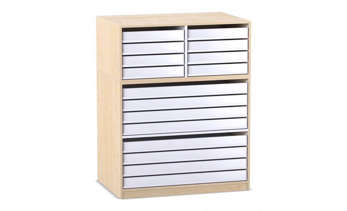 Flexeo® Papier- und Bilderschrank, 8 große Auszüge, 8 kleine Auszüge oben