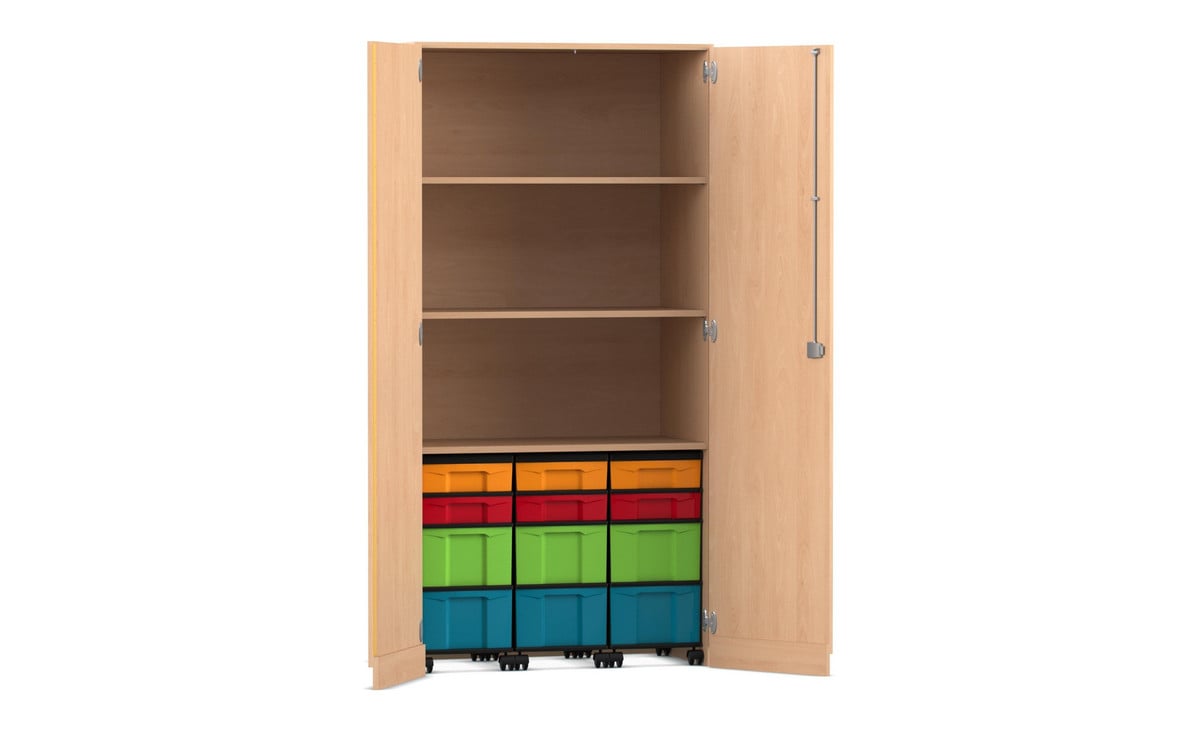Flexeo® Garagenschrank, 3 Fächer, 3 Rollcontainer, je 6 kleine und große Boxen