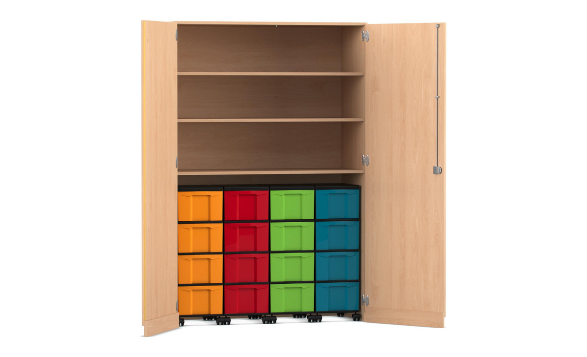 Flexeo® Garagenschrank, 3 Fächer, 4 Rollcontainer, 16 große Boxen
