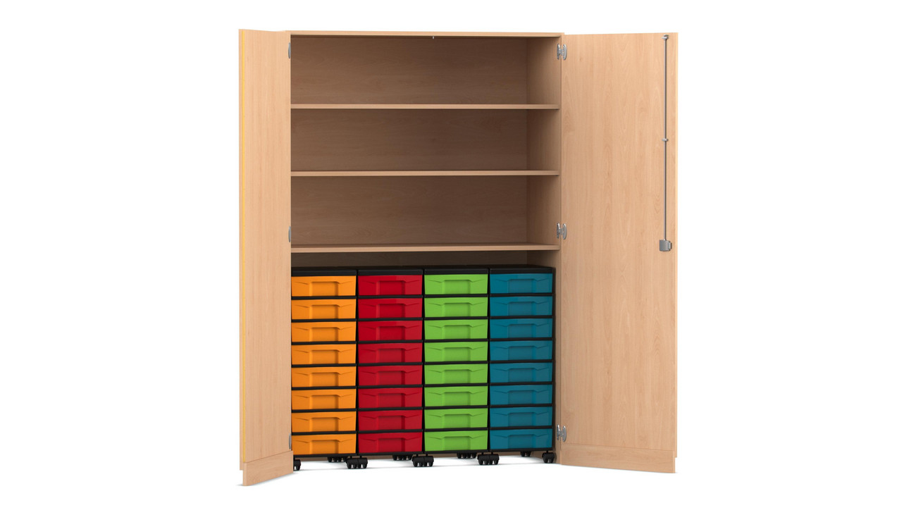 Flexeo® Garagenschrank mit 3 Fächern, 4 Rollcontainern und 32 Boxen