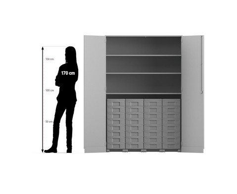 Flexeo® Garagenschrank mit 3 Fächern, 4 Rollcontainern und 32 Boxen