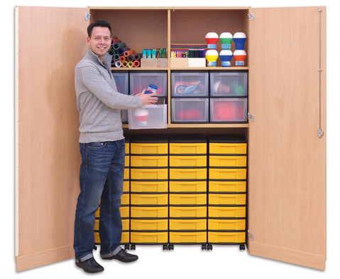 Flexeo® Garagenschrank mit 2 Fächern, 4 Rollcontainern und 40 Boxen