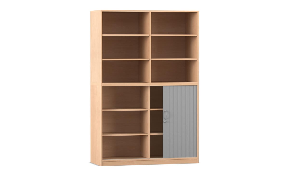 Flexeo® Rollladenschrank, 12 Fächer, Mittelwand, Tür unten, Breite 126,4 cm