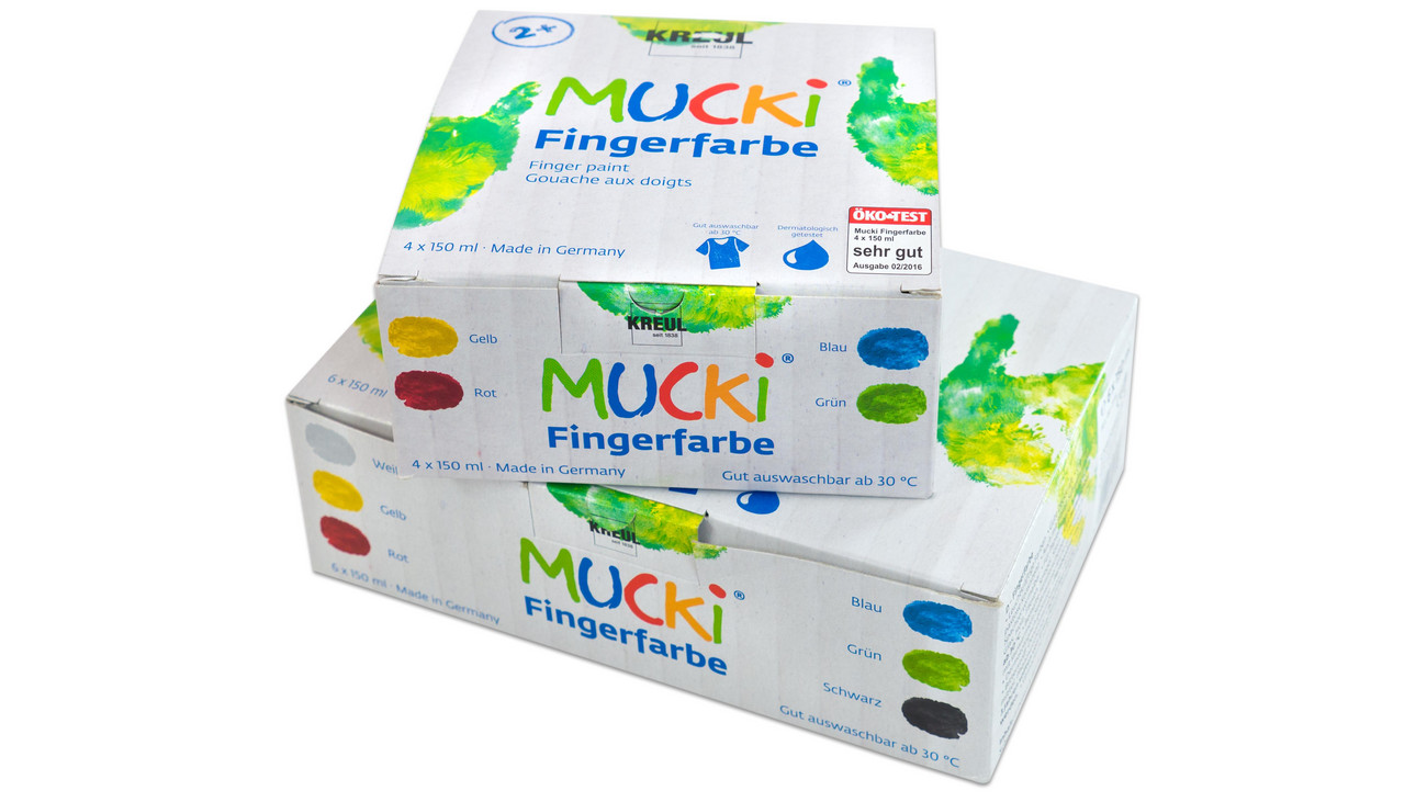 MUCKI Funkel-Fingerfarbe 4er Set 150 ml Kinderfarbe ungiftig wasserlöslich