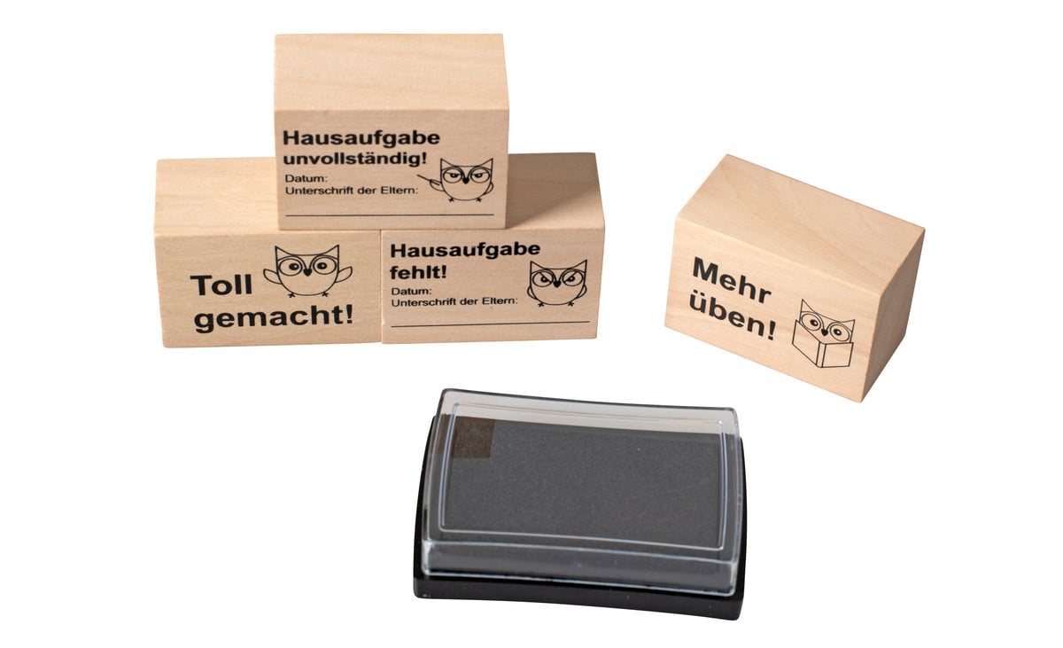 Betzold Hausaufgabenstempel, 4 Stück inkl. Stempelkissen