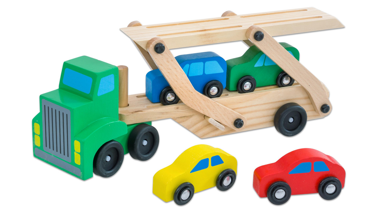 Spielzeugautos 4 Bunte Holz-Autos Holz Autotransporter mit Klapprampe 