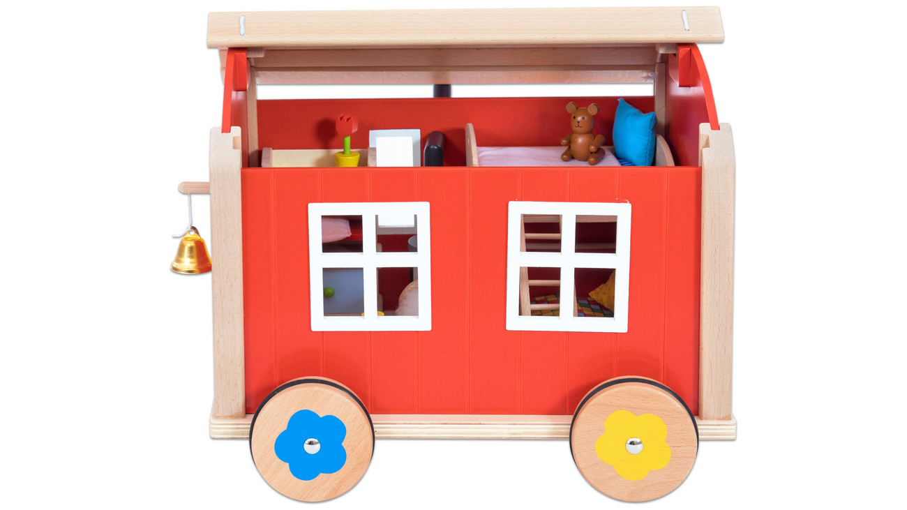 GOKI Puppenbauwagen mit Zubehör Puppenhaus 23 Teile Ausstattung Holzspielzeug 