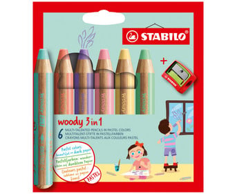 STABILO® Buntstifte woody 3 in 1 pastell Kartonetui inkl Spitzer 6 Farben
