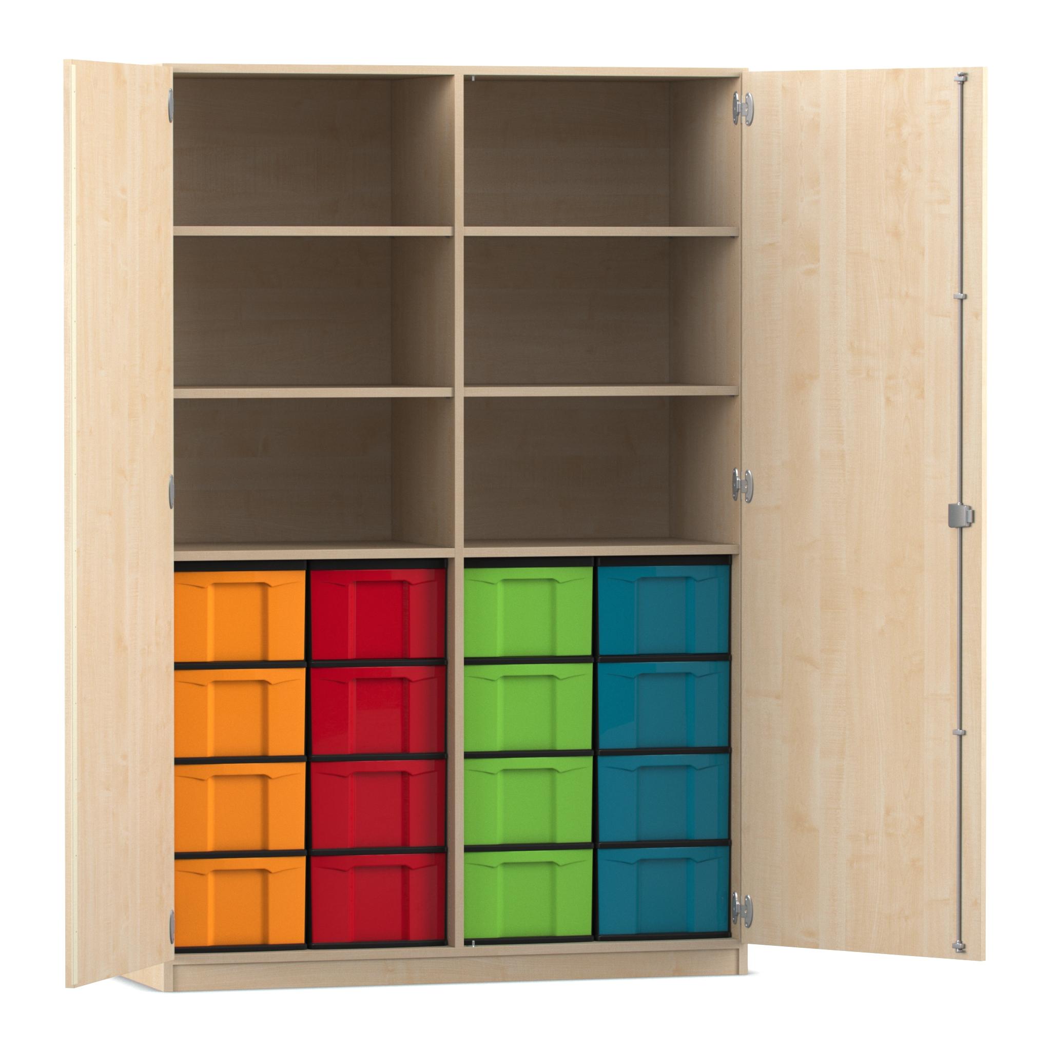 Flexeo Schrank, 16 große Boxen, 6 Fächer, Mittelwand, 2 Türen, Hochschrank, Boxenfarbe: bunt (Rahmen schwarz)
