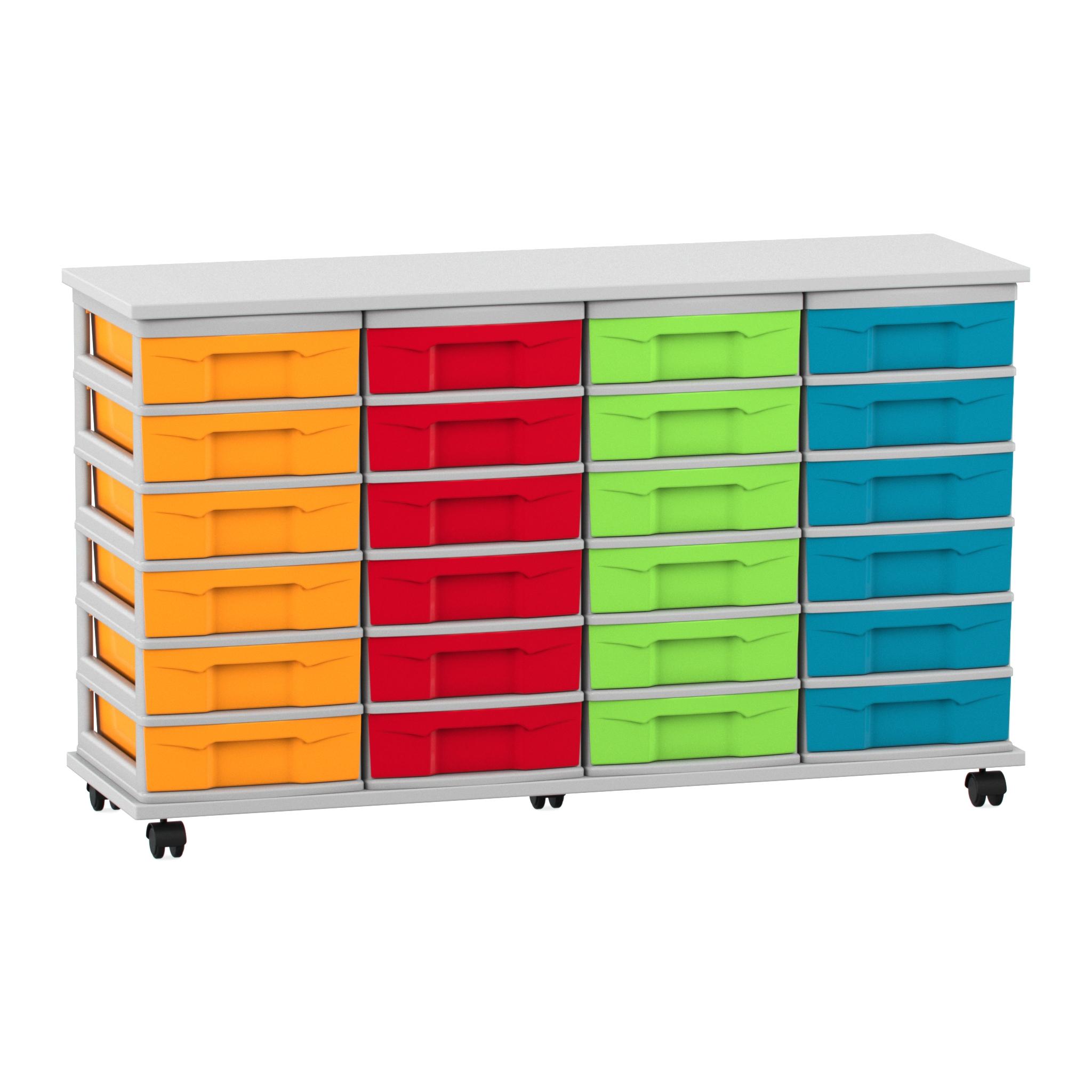 Flexeo Fahrbares Containersystem mit Ablage, 24 kleine Boxen, Rollcontainer, Boxenfarbe: bunt (Rahmen grau)