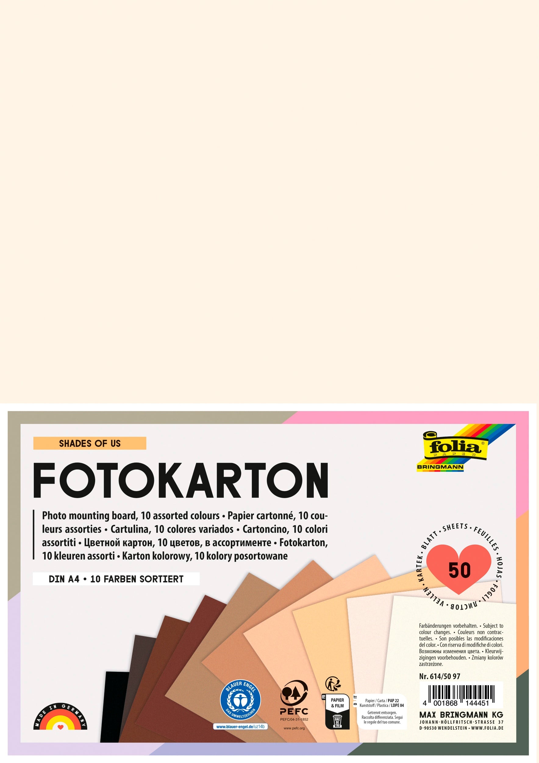 folia Fotokarton „Shades of us“, 300g/m², DIN A4, 50 Blatt, 10 Farben