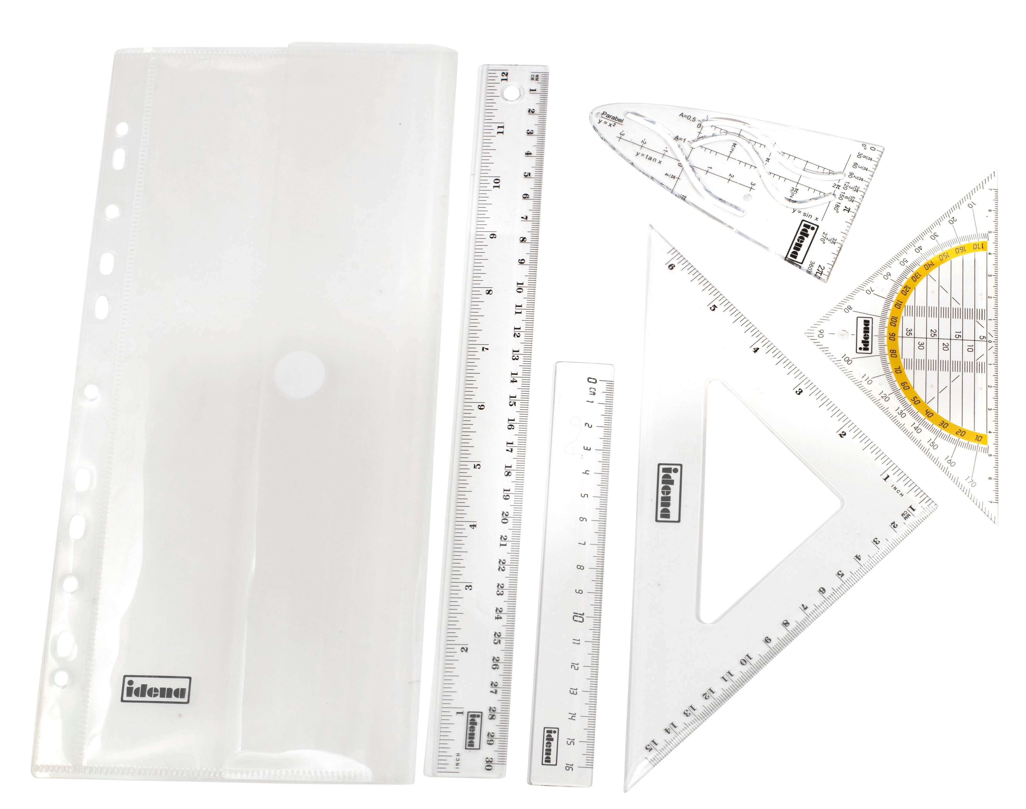 Idena Geometrie-Set, abheftbar, 6-teilig, Geometrieset & Lineal & Geodreieck