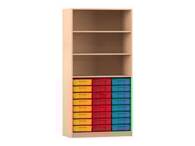 Flexeo® Regal, 3 Reihen, 24 kleine Boxen, 3 Fächer oben