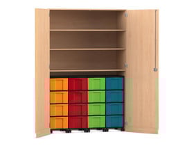 Flexeo® Garagenschrank, 3 Fächer, 4 Rollcontainer, 16 große Boxen