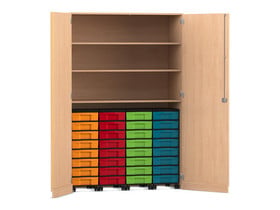 Flexeo® Garagenschrank, 3 Fächer, 4 Rollcontainer, 32 kleine Boxen