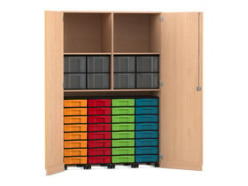 Flexeo® Garagenschrank, 2 Fächer, 4 Rollcontainer, 32 kleine und 8 große Boxen