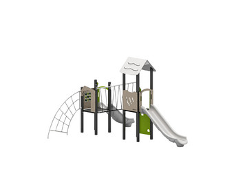 Spielgerät mit zwei Rutschen und Kletterbrücke