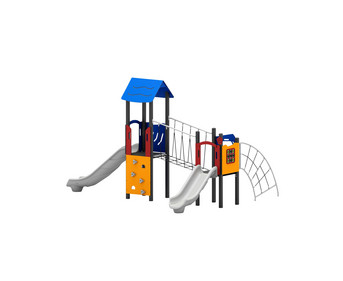 Spielgerät mit zwei Rutschen und Kletterbrücke