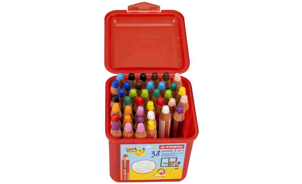 STABILO® Buntstifte „woody 3-in-1“, Box, 13 Farben, inkl. Spitzer, 38 ...